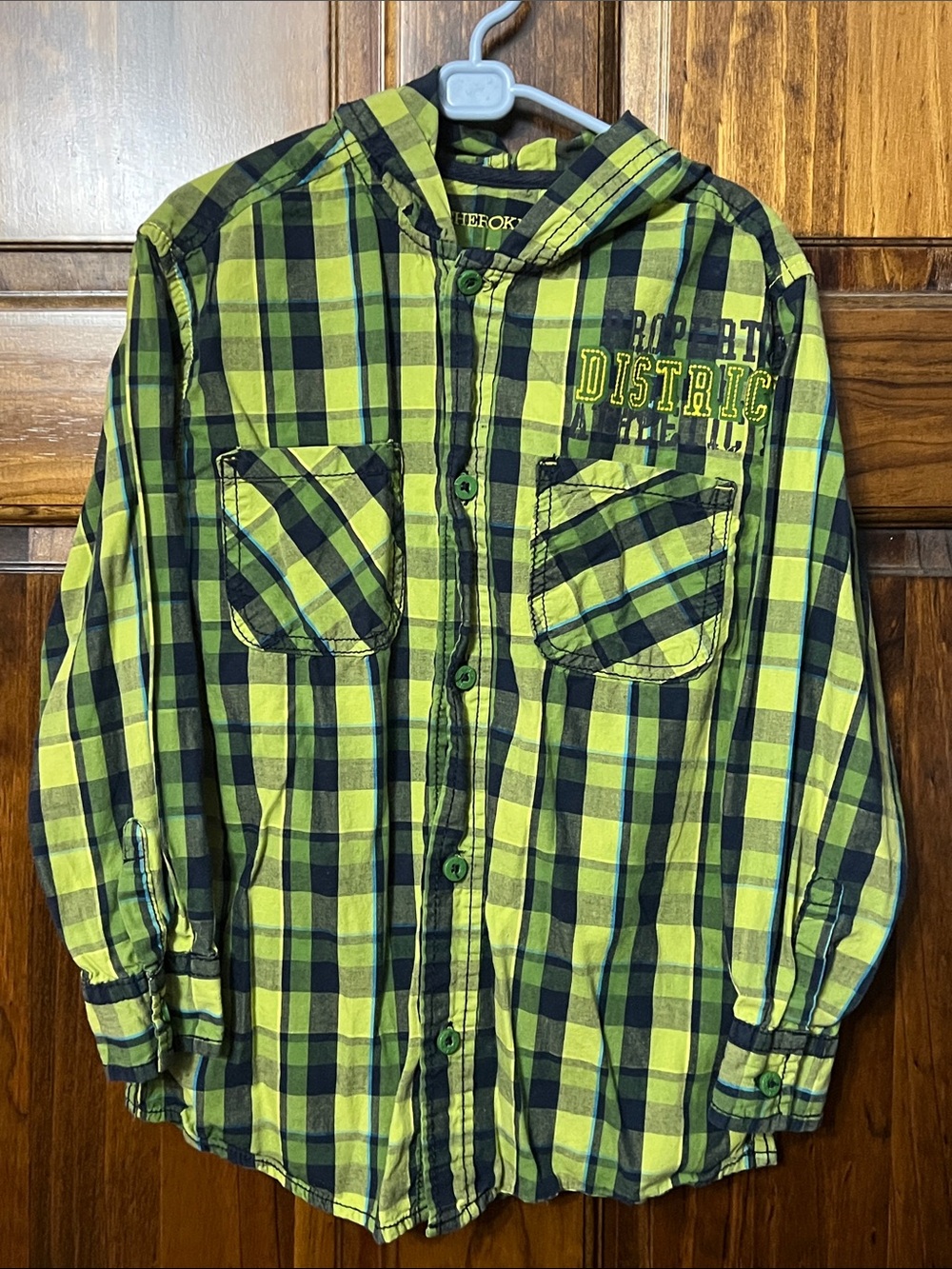 Cherokee Lime Green and Black Plaid Hooded Button-Down Shirt
